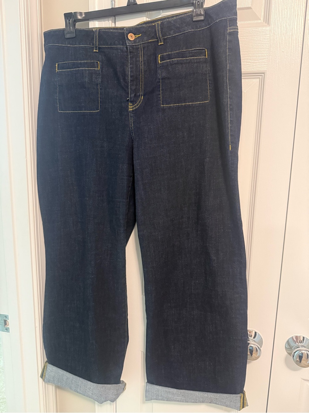 CAbi Dark Indigo Cropped Wide-Leg Jeans with Contrast Stitching